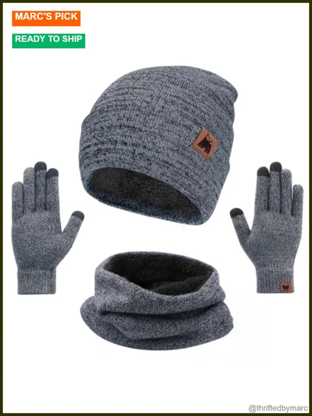 Winter Beanie Hat Scarf and Touch Screen Gloves 3-Piece Set Fleece Lined Unisex